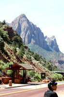 Shuttle Stop In Front Of Mountain At Zion National Park